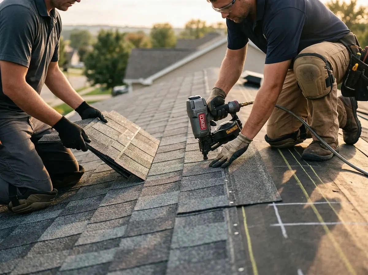 Professional roofer working on a residential roof in Creve Coeur